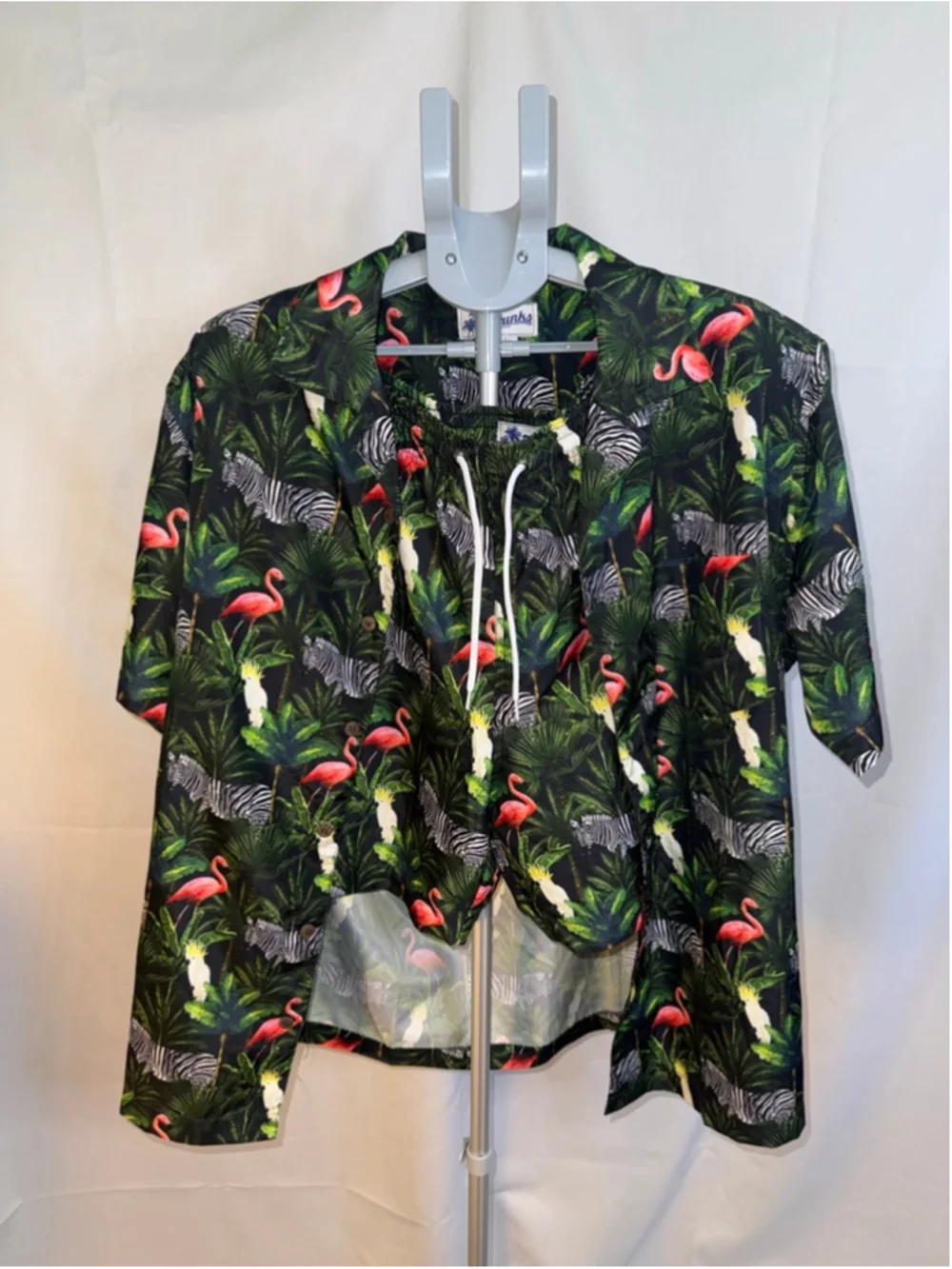 Men's Trunks L Black Green Tropical‎ Print Swim Trunks & Shirt Set